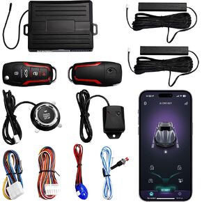 Universal Remote Start Kit with Push Start Button, Keyless Entry System, Bluetooth App Control, Car Alarm System, Push to Start Conversion Kit, Smart Keyless Ignition for 12V Vehicles in Kuwait