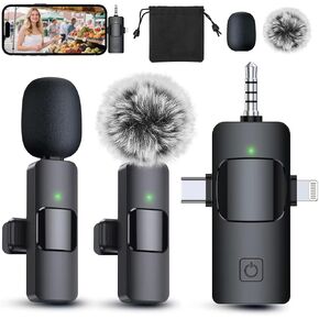 PQRQP 3 in 1 Professional Wireless Lavalier Microphone for iPhone/Android/Camera, Wireless Microphones, Mini Microphone, Crystal Clear Sound Quality for Recording, Live Streaming, Clips-Elegant Black in Kuwait