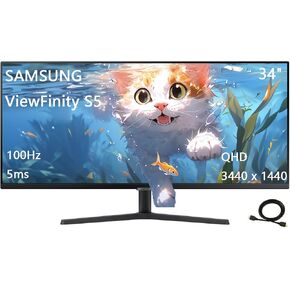 Samsung 34" ViewFinity S5 Series Ultrawide Monitor, QHD(3440 x 1440), 100Hz, 5ms, AMD FreeSync, HDR10 (DisplayPort, HDMI), Borderless Design, Black, with HDMI Cable in Kuwait