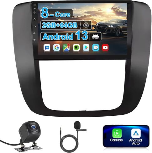 9" Car Radio Stereo Kit for GMC Sierra Yukon Tahoe 2007-2013 Silverado 2010-2013, 8 Core IPS Touch Screen with Carplay Android Auto, Bluetooth SWC Backup Camera-Black in Kuwait