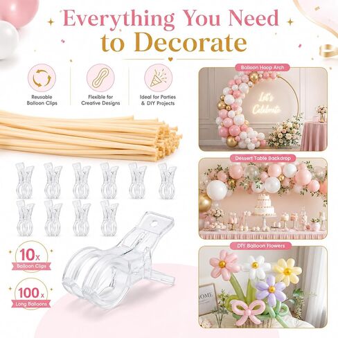 10 Pack Balloon Arch Clips with 100 Pcs Long Balloons, 5.91 Inch Transparent Plastic Spring Clamps, Heavy Duty Backdrop Clamps for Party Decoration, Crafts And Photo Studios in Saudi Arabia
