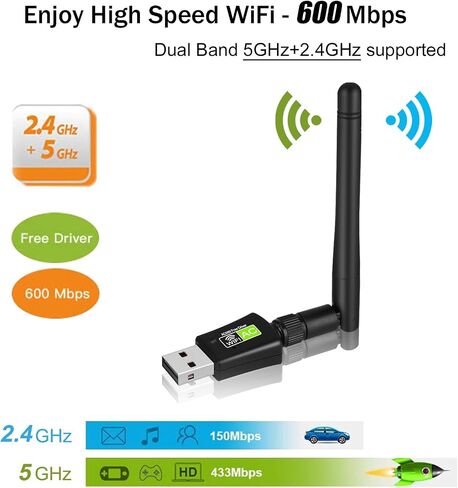 USB WiFi Adapter for Destop PC/Laptop, NETVIP AC600 Dual Band 5GHz/2.4GHz WiFi Dongle with 5dBi Antenna, 802.11ac Wireless Network Card for Windows, CD-Free and Plug & Play in Saudi Arabia