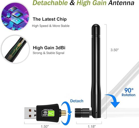 USB WiFi Adapter for Destop PC/Laptop, NETVIP AC600 Dual Band 5GHz/2.4GHz WiFi Dongle with 5dBi Antenna, 802.11ac Wireless Network Card for Windows, CD-Free and Plug & Play in Saudi Arabia