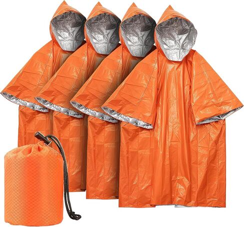 Deecam Emergency Mylar Poncho 4 Pack, Waterproof Windproof Thermal Foil Rain Poncho, Portable Survival Gear for Hiking Camping & Disaster Preparedness in Kuwait