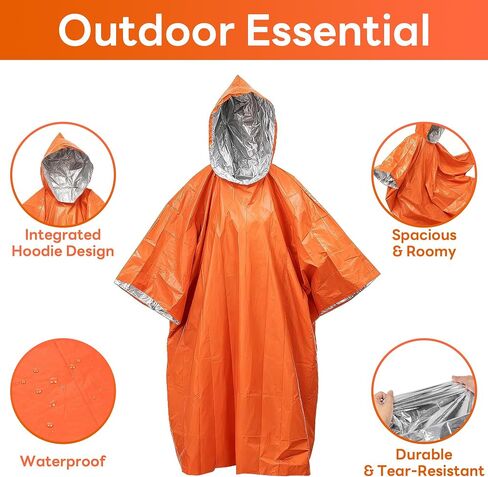 Deecam Emergency Mylar Poncho 4 Pack, Waterproof Windproof Thermal Foil Rain Poncho, Portable Survival Gear for Hiking Camping & Disaster Preparedness in Kuwait