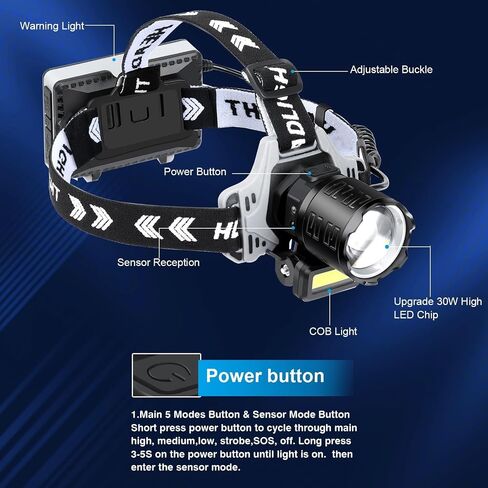 Bud K Rechargeable LED Headlamp, 2000 Lumens Super Bright Headlamp Flashlight with Motion Sensor, 15 Modes, 135°Adjustable, IPX7 Waterproof Head Lamp for Camping, Running, Climbing, Hiking in Kuwait