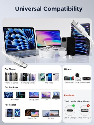 Aioneus 100W USB C to USB C Cable 6ft USBC to USBC Fast Charging Cable Braided USB Type C Charger Cable for iPhone 16 15 Pro Plus Pro Max, MacBook, iPad Pro/Air/Mini in Kuwait