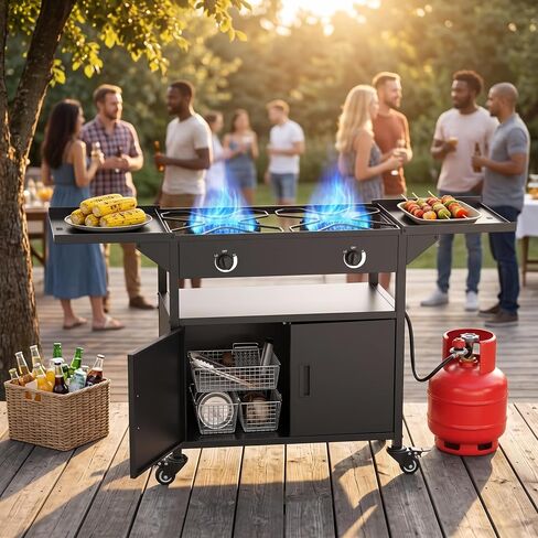 2 Burner Propane Camping Stove Outdoor|150000 BTU|Side Shelf with Cabinet in Saudi Arabia