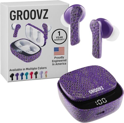 سماعات أذن لاسلكية Groovz True مع علبة شحن - تم تصميمها وهندستها في الولايات المتحدة الأمريكية - سماعات أذن بلوتوث مقاومة للماء IPx4 متوافقة مع Apple وAndroid - عمر البطارية 27 ساعة - طاووس in Kuwait