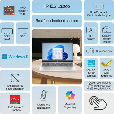 HP 15.6 Touchscreen Laptop, AMD Ryzen 7 7730U, 16GB DDR4 RAM, 512GB SSD in Saudi Arabia