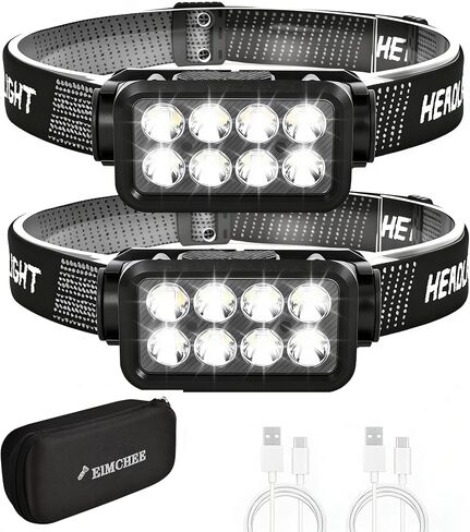 Elmchee Rechargeable Headlamp 2 Pack, 2500 Lumen Bright 8 LED Headlight, 10 Modes Adjustable Motion Sensor, USB-C Waterproof Head Flashlight, Outdoor Hiking Camping Fishing (8 Led Headlamp) in Kuwait