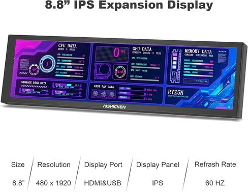 AISHICHEN 8.8 Inch LCD Display, Mini Monitor 1920x480 60Hz IPS Stretched Bar Monitor, PC Sensor Panel, AIDA64 Computer Temperature Secondary Screen with Mini HDMI & Adjustable Brightness in Kuwait