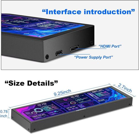 AISHICHEN 8.8 Inch LCD Display, Mini Monitor 1920x480 60Hz IPS Stretched Bar Monitor, PC Sensor Panel, AIDA64 Computer Temperature Secondary Screen with Mini HDMI & Adjustable Brightness in Kuwait