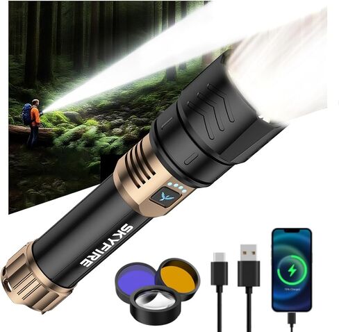 SKYFIRE Flashlight with Ignition Lens,Yellow/Blue Light,3000lm Flashlights High Lumens,Super Bright Rechargeable Zoomable,6Modes,Waterproof Tactical Flash Light for Camping,Outdoor and Home,Gift in Saudi Arabia