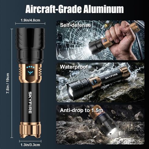 SKYFIRE Flashlight with Ignition Lens,Yellow/Blue Light,3000lm Flashlights High Lumens,Super Bright Rechargeable Zoomable,6Modes,Waterproof Tactical Flash Light for Camping,Outdoor and Home,Gift in Saudi Arabia