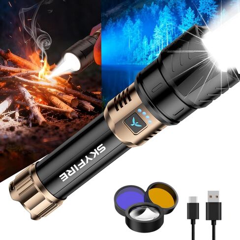 SKYFIRE Flashlight with Ignition Lens,Yellow/Blue Light,3000lm Flashlights High Lumens,Super Bright Rechargeable Zoomable,6Modes,Waterproof Tactical Flash Light for Camping,Outdoor and Home,Gift in Saudi Arabia