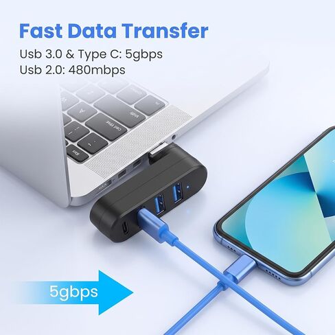 4-Port USB 3.0 Hub, Rotatable Car USB Splitter withUSB-C Port in Saudi Arabia