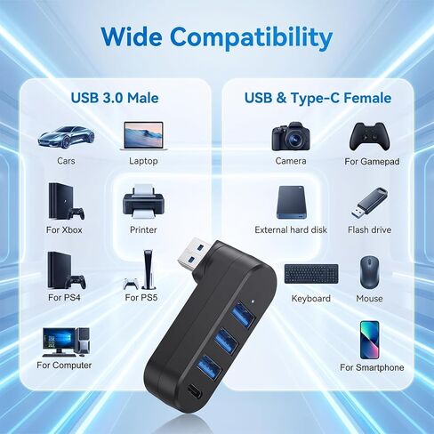 4-Port USB 3.0 Hub, Rotatable Car USB Splitter withUSB-C Port in Saudi Arabia