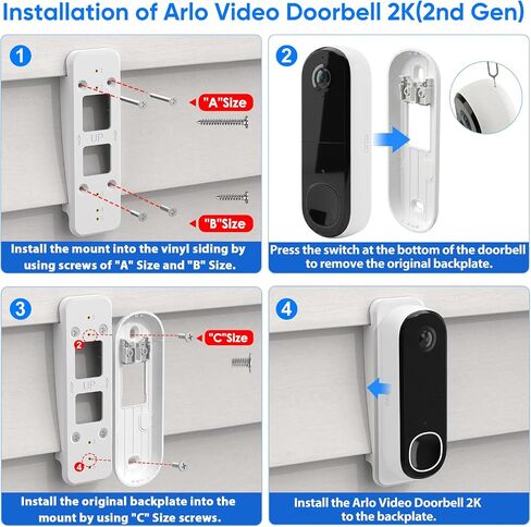 Doorbell Vinyl Siding Mount for Arlo Video Doorbell 2K/HD (2nd Gen), ONLY Fits 4" Standard Vinyl Siding, Angle Adjustment Mounting Bracket for Arlo Doorbell Camera, White in Kuwait
