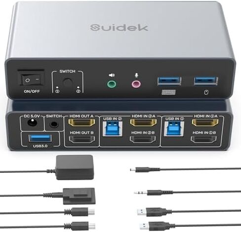 SUIDEK HDMI KVM Switch 2 شاشات 2 جهاز كمبيوتر و2 حزمة كابل HDMI 4K in Kuwait