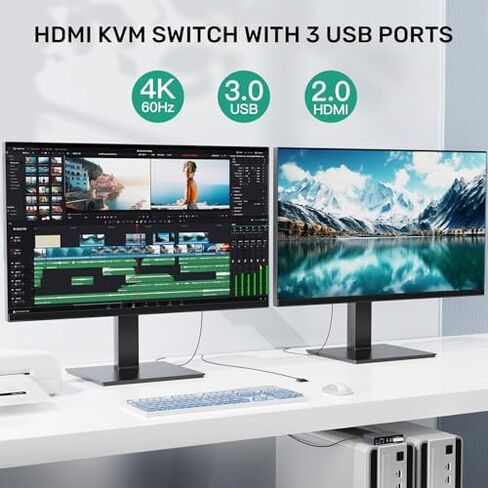 SUIDEK HDMI KVM Switch 2 شاشات 2 جهاز كمبيوتر و2 حزمة كابل HDMI 4K in Kuwait