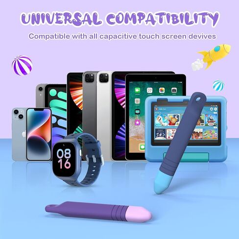 Kid-Friendly Stylus Pens for Touch Screens with Tethers - Mixoo Anti-Rolling Tablet Stylus 2 Pack for Kids, Compatible with iPad, iPhone, Tablets, Kindle and All Touch Screen Devices (Blue+Purple) in Kuwait