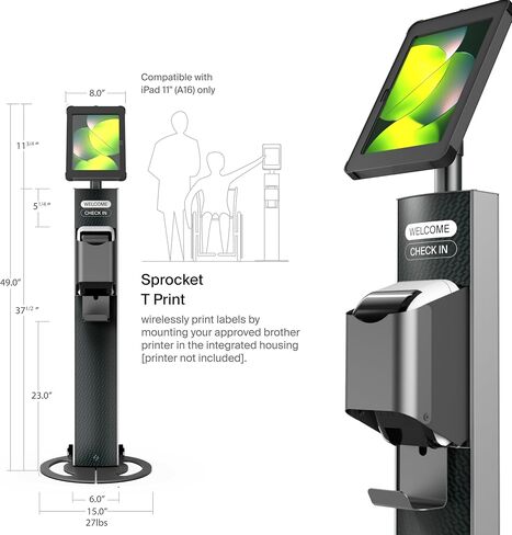 Sprocket T Print Label & Badge Printer Kiosk - Professional iPad Kiosk Stand with Brother QL Printer Integration - Anti-Theft Tablet Floor Stand for Visitor Badges & Check-Ins, iPad 11-inch (A16) in Kuwait