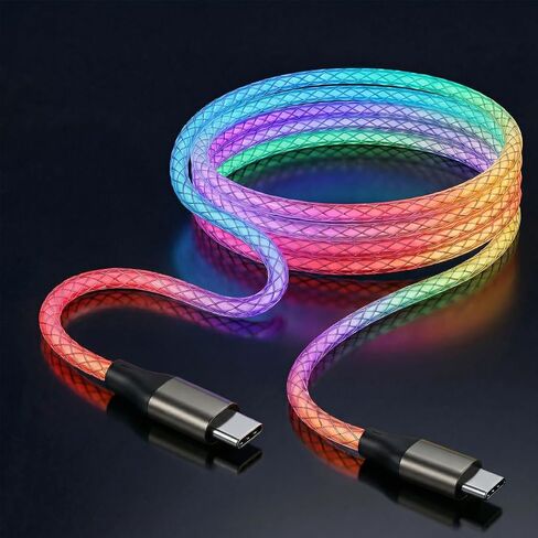 USB C to USB C Cable 6A Fast Charging, RGB LED Light Up Cord 60W Visible Glowing Charger, USB C Data Sync Wire Compatible with iPhone 15/16/17, Samsung Galaxy S23/S24/S25 Ultra (Multicolor, 6FT) in Kuwait