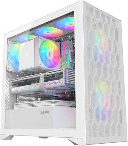 SAMA V Mesh Mid Tower PC Case - High Airflow PC Gaming Case Mesh Front Panel & Tempered Glass Side Panel, 3x140mm ARGB PWM Fans Pre-Installed, Supports ATX/M-ATX/ITX - White in Kuwait