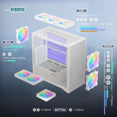 SAMA V Mesh Mid Tower PC Case - High Airflow PC Gaming Case Mesh Front Panel & Tempered Glass Side Panel, 3x140mm ARGB PWM Fans Pre-Installed, Supports ATX/M-ATX/ITX - White in Kuwait