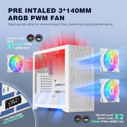 SAMA V Mesh Mid Tower PC Case - High Airflow PC Gaming Case Mesh Front Panel & Tempered Glass Side Panel, 3x140mm ARGB PWM Fans Pre-Installed, Supports ATX/M-ATX/ITX - White in Kuwait