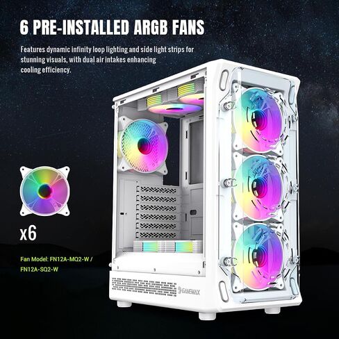 GAMEMAX Mid-Tower Gaming PC Case with Tempered Glass Side Panel and Flexible Storage, ATX/M-ATX/ITX Support, 7 Expansion Slots, Up to 330mm GPU, Pre-Installed 6 ARGB Fans (Starlight 2 AW) in Kuwait
