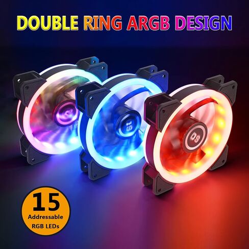 DS 120MM Ring RGB Case Fans with Controller for PC Cases, Computer Case ATX Full Tower, Middle Tower (LED Fans 3PACK Kit, 2PACK LED Strip, 1st GEN Hub Box, A Series) in Kuwait