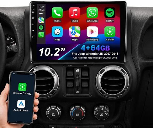 Car Radio Stereo for Jeep Wrangler JK 2007 2008 2009 2010 2011 2012 2013 2014 2015 2016 2017 2018, 10" Android Head Unit, Wireless CarPlay, Android Auto, GPS, Bluetooth, SWC, Backup Camera in Kuwait