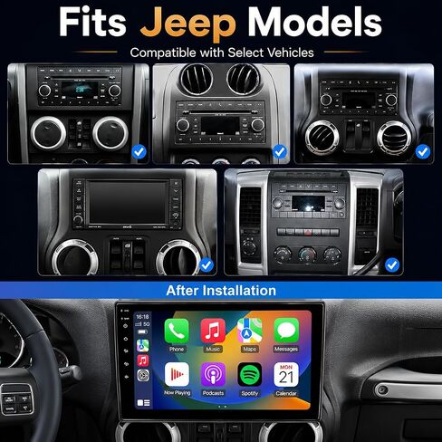 Car Radio Stereo for Jeep Wrangler JK 2007 2008 2009 2010 2011 2012 2013 2014 2015 2016 2017 2018, 10" Android Head Unit, Wireless CarPlay, Android Auto, GPS, Bluetooth, SWC, Backup Camera in Kuwait