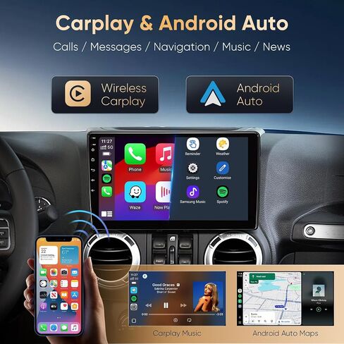 Car Radio Stereo for Jeep Wrangler JK 2007 2008 2009 2010 2011 2012 2013 2014 2015 2016 2017 2018, 10" Android Head Unit, Wireless CarPlay, Android Auto, GPS, Bluetooth, SWC, Backup Camera in Kuwait