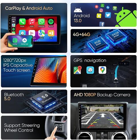 Car Radio Stereo for Jeep Wrangler JK 2007 2008 2009 2010 2011 2012 2013 2014 2015 2016 2017 2018, 10" Android Head Unit, Wireless CarPlay, Android Auto, GPS, Bluetooth, SWC, Backup Camera in Kuwait