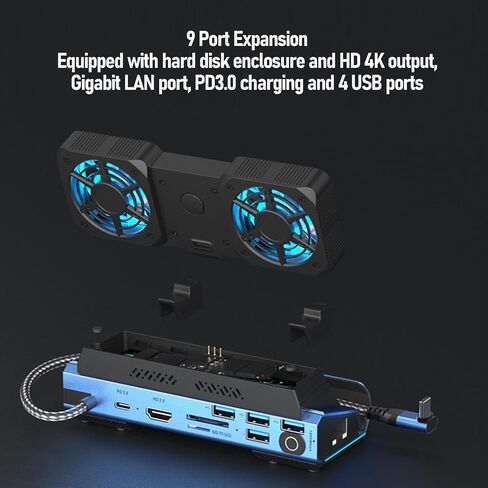 9 in 1 Docking Station for Steam Deck for Legion Go for Claw for ROG Ally X, Dismantling Cooling Fans USB C Dock with HDMI 4K 60Hz, 4 USB 3.0, PD100W, SD TF, Gigabit Ethernet in Kuwait