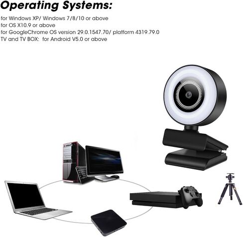 Webcam with Ring Light Plug and Play USB Web Camera Adjustable Brightness 10M Microphone for Video Conferencing, Online Teaching & Live Streaming in Kuwait