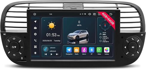 Car Radio for Fiat 500 2007-2015 with 7 inch QLED IPS Touchscreen, Android 14 Car Stereo Support Wireless Android Auto & Carplay 4G LTE/WiFi Network Bluetooth SWC GPS Navi 4GB RAM + 64GB ROM (Black) in Kuwait