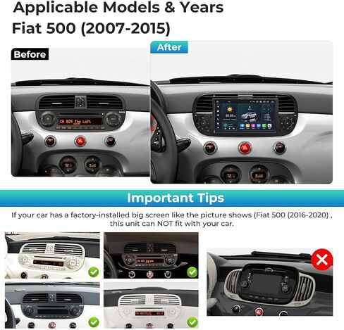 Car Radio for Fiat 500 2007-2015 with 7 inch QLED IPS Touchscreen, Android 14 Car Stereo Support Wireless Android Auto & Carplay 4G LTE/WiFi Network Bluetooth SWC GPS Navi 4GB RAM + 64GB ROM (Black) in Kuwait