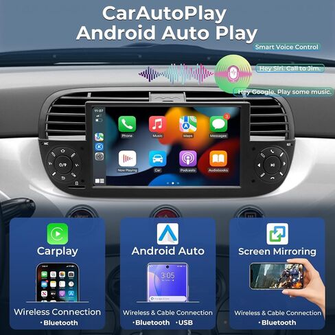 Car Radio for Fiat 500 2007-2015 with 7 inch QLED IPS Touchscreen, Android 14 Car Stereo Support Wireless Android Auto & Carplay 4G LTE/WiFi Network Bluetooth SWC GPS Navi 4GB RAM + 64GB ROM (Black) in Kuwait