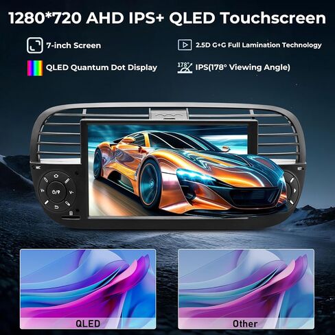 Car Radio for Fiat 500 2007-2015 with 7 inch QLED IPS Touchscreen, Android 14 Car Stereo Support Wireless Android Auto & Carplay 4G LTE/WiFi Network Bluetooth SWC GPS Navi 4GB RAM + 64GB ROM (Black) in Kuwait