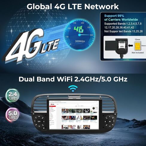 Car Radio for Fiat 500 2007-2015 with 7 inch QLED IPS Touchscreen, Android 14 Car Stereo Support Wireless Android Auto & Carplay 4G LTE/WiFi Network Bluetooth SWC GPS Navi 4GB RAM + 64GB ROM (Black) in Kuwait