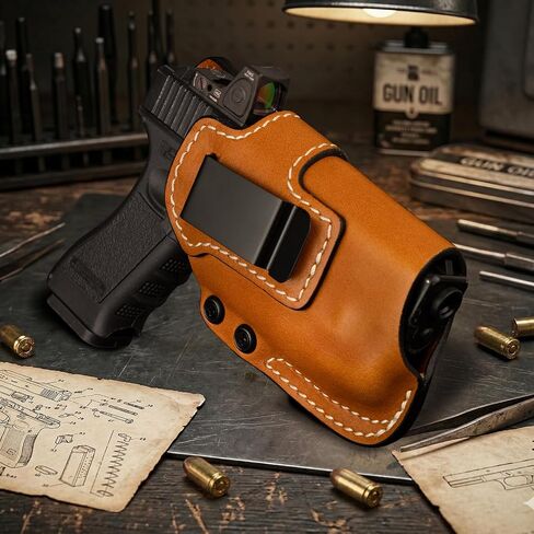 IWB Leather Holster for G17/G19 Gen 3 4 5 6 & G23/G32 Gen 3 4 & G19X/G44/G45 with TLR-7 HL-X & TLR-8 HL-X/TLR-8 G HL-X, Optic-Ready, Inside Waistband Carry, 1.75 Inch Steel Belt Clip, Brown, Right in Kuwait