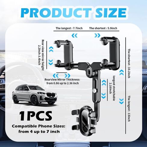 360° Rotation Rear View Mirror Phone Holder,Retractable Car Phone Holder Rear View Mirror Mount for 4.0-7.0" Phones,Unobstructed Rearview Mirrors Phones Holders for Cars,Trucks,SUVs in Kuwait