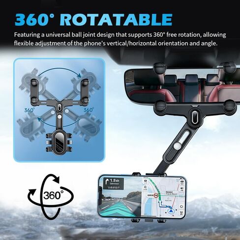 360° Rotation Rear View Mirror Phone Holder,Retractable Car Phone Holder Rear View Mirror Mount for 4.0-7.0" Phones,Unobstructed Rearview Mirrors Phones Holders for Cars,Trucks,SUVs in Kuwait