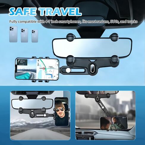 360° Rotation Rear View Mirror Phone Holder,Retractable Car Phone Holder Rear View Mirror Mount for 4.0-7.0" Phones,Unobstructed Rearview Mirrors Phones Holders for Cars,Trucks,SUVs in Kuwait