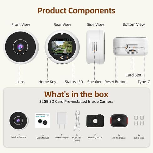 5MP 3K Window Camera with 32GB SD Card & Smart Screen, 2.4GHz & 5GHz WiFi Indoor Cameras for Home Security, 20° Adjustable Angle Mount, Color Night Vision, Human Motion Detection, No Subscription in Kuwait