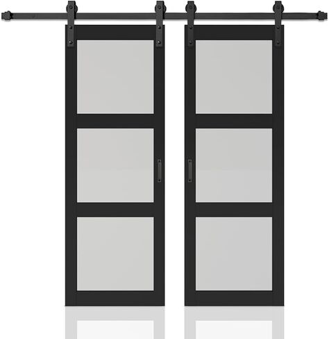 42 in. x 84 in. 3-Lite Tempered Frosted Glass Composite Double Sliding Barn Door with Hardware in Kuwait